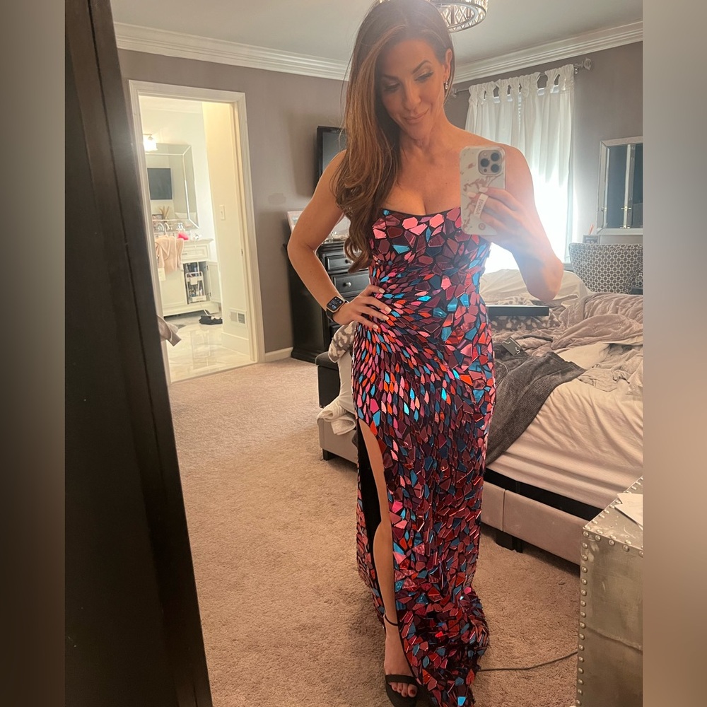 Size 0 Sherry Hill Multi-Colored Broken Glass long gown. Style 53474.